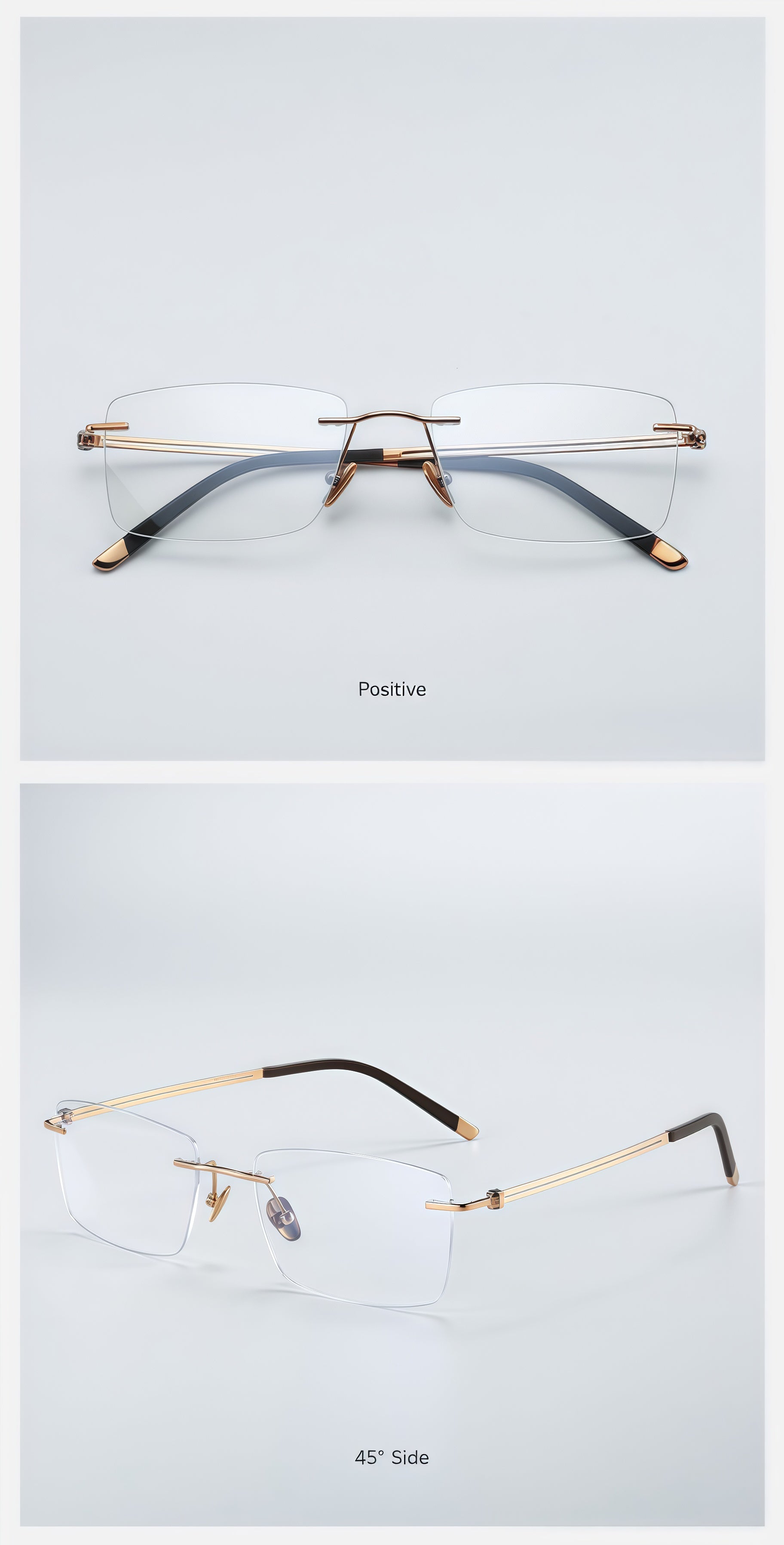 Gold pure titanium rectangular rimless glasses, original front and 45-degree product detail
