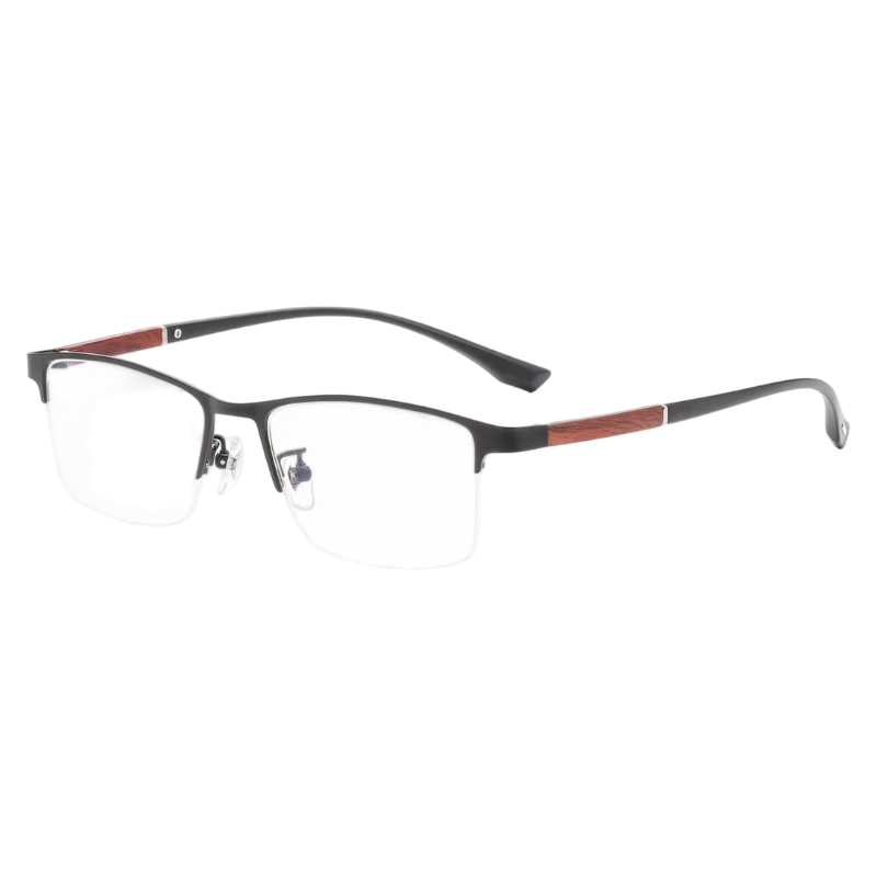 Black clean business rectangular profile semi-rimless eyeglass frame, three-quarter product view