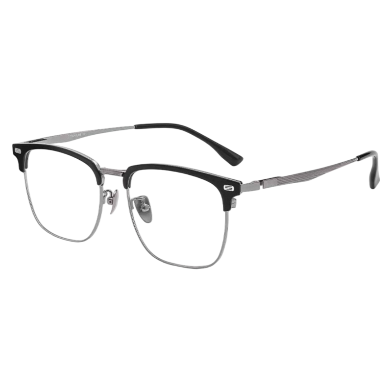 Black/Gunmetal round semi-rimless eyeglass frame, product view