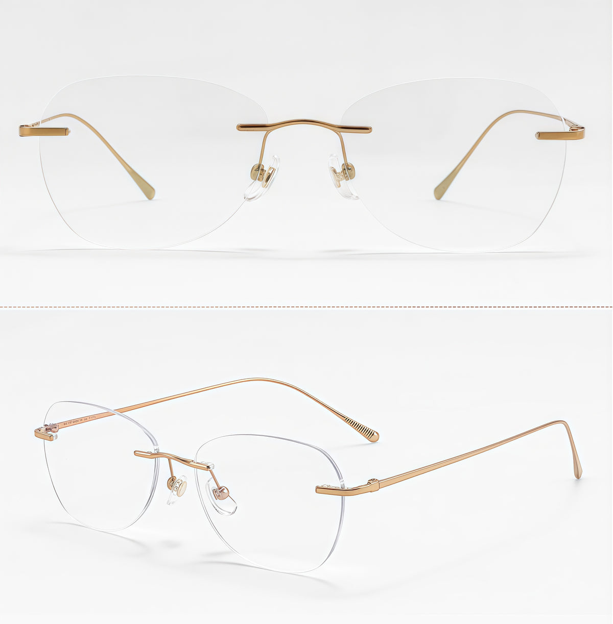 Gold unisex pure titanium rimless rectangular glasses in front and 45-degree product views