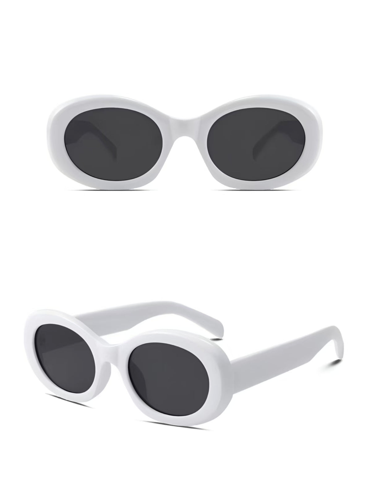 Women’s White full-rim oval sunglasses, front and three-quarter views