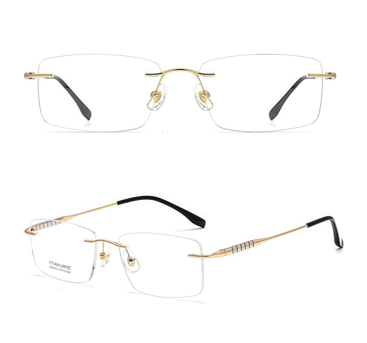 Gold men's titanium alloy rimless rectangular glasses, supplier front and three-quarter views