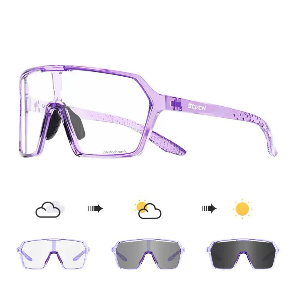 Crystal Purple Frame/Photochromic Grey Lens unisex tr90 rectangular shield sunglasses, 45-degree view