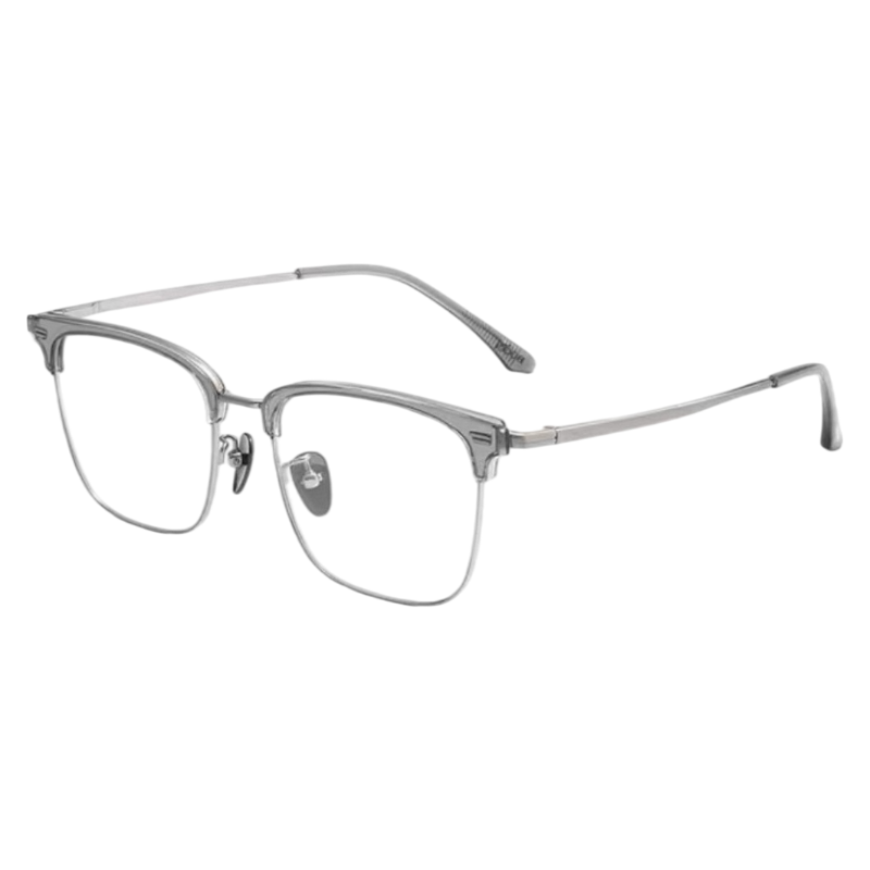 Crystal Grey and Silver minimalist oversized square profile semi-rimless eyeglass frame, three-quarter product view
