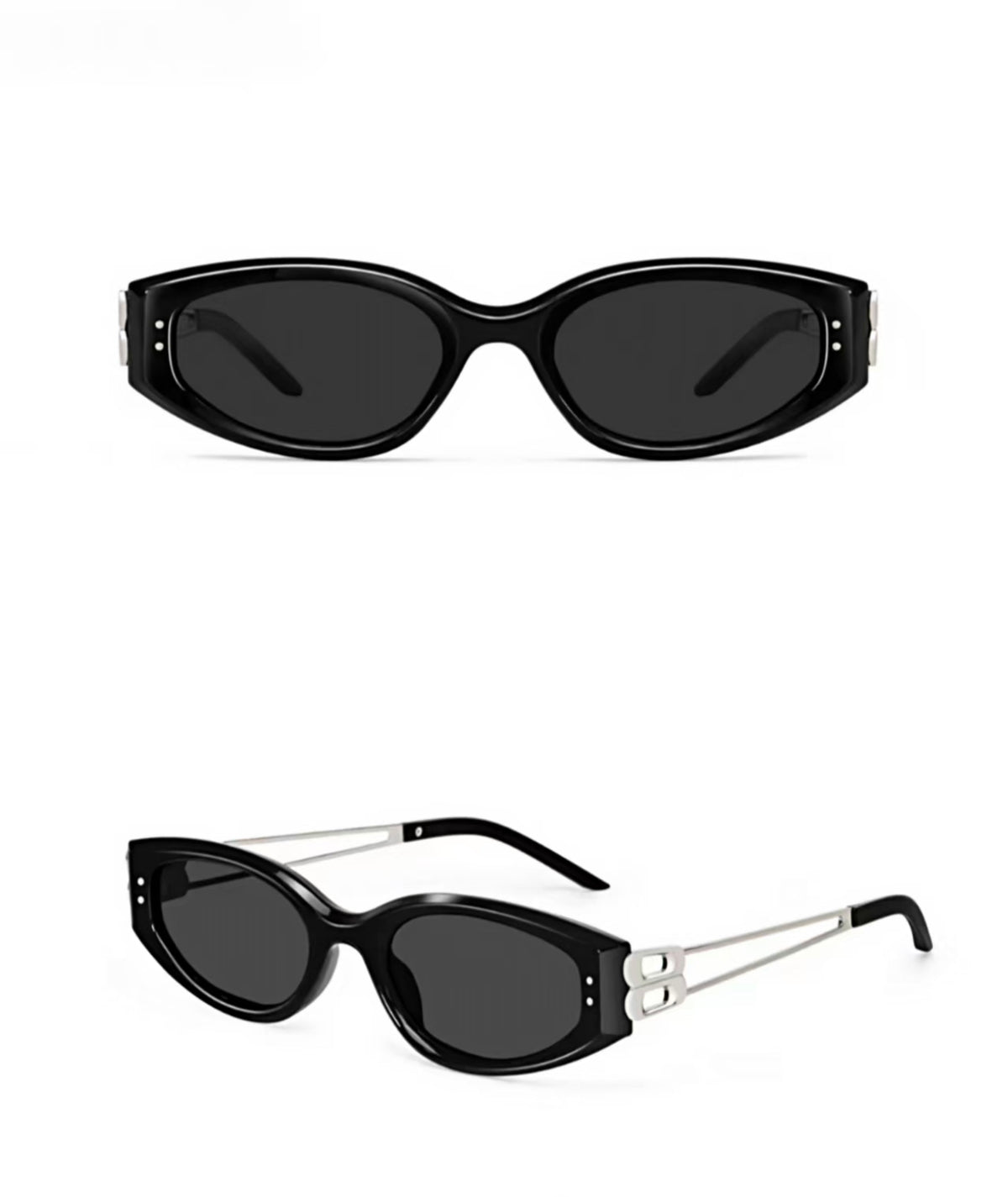 Men’s Silver full-rim narrow cat-eye sunglasses, front and three-quarter views