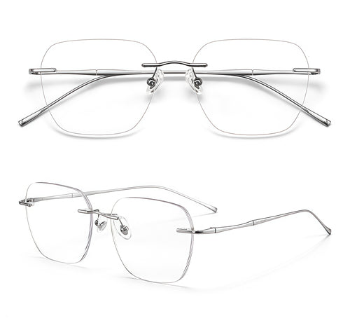 Silver front and 45-degree product views of Intellectual Professional Rimless Glasses