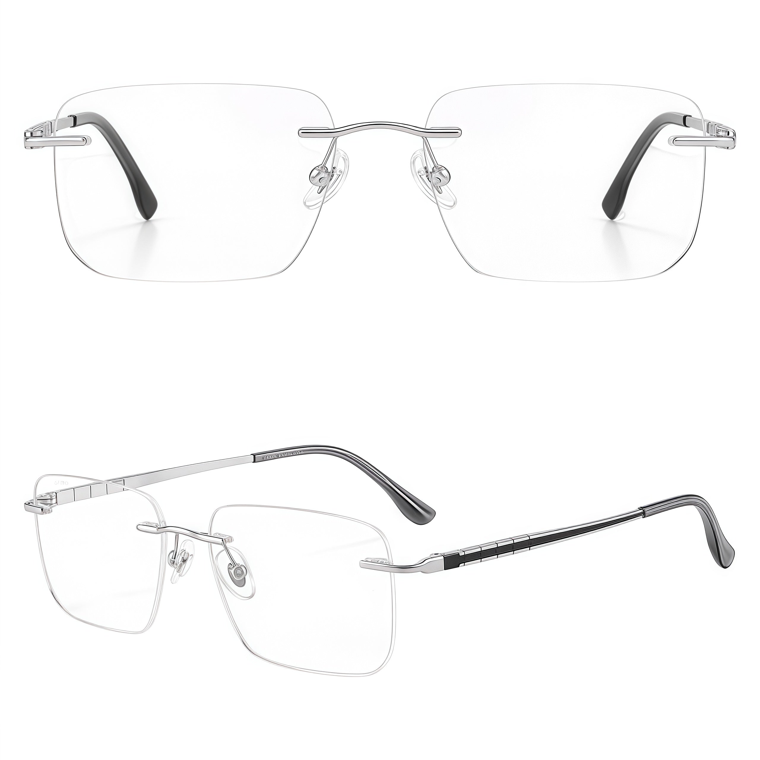 Black/Silver rimless rectangular pure titanium eyeglass frames, supplier front and angle reference