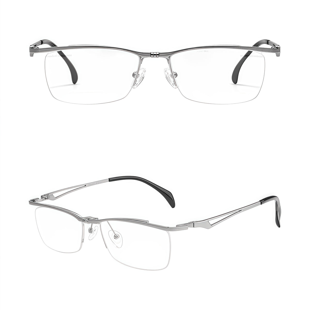 Silver titanium semi-rimless rectangular glasses, original front and 45-degree product detail