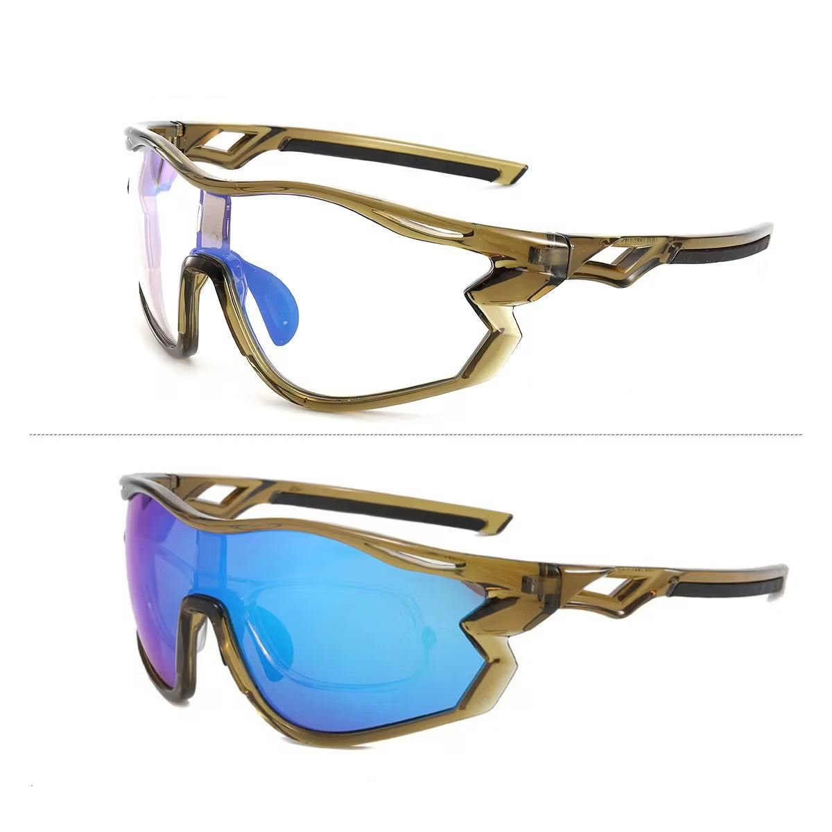 Green Frame/Photochromic Blue Lens 45-degree product view of Outdoor Adventure Windproof Sports Sunglasses