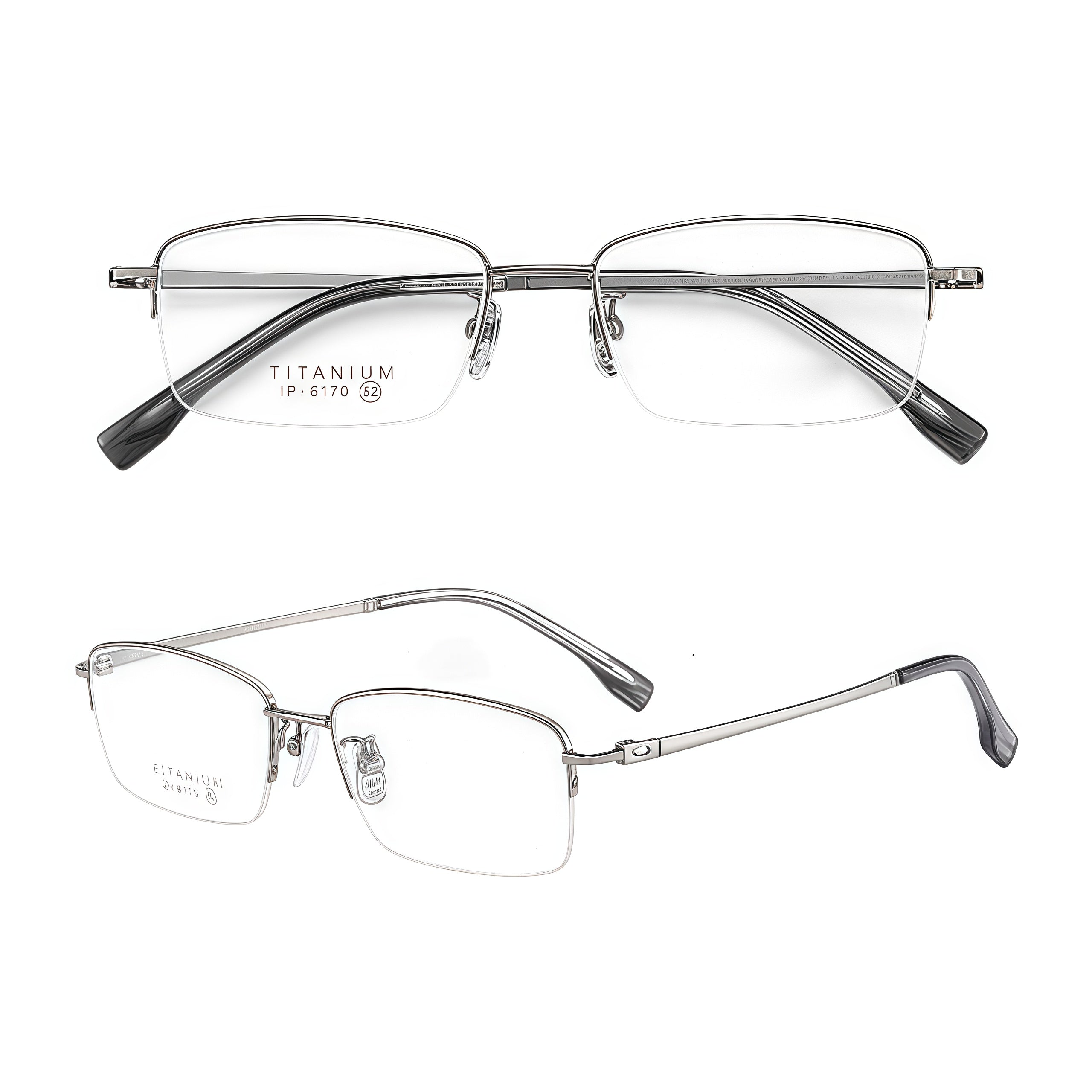 Gunmetal unisex professional titanium semi-rimless glasses, original front and 45-degree composite