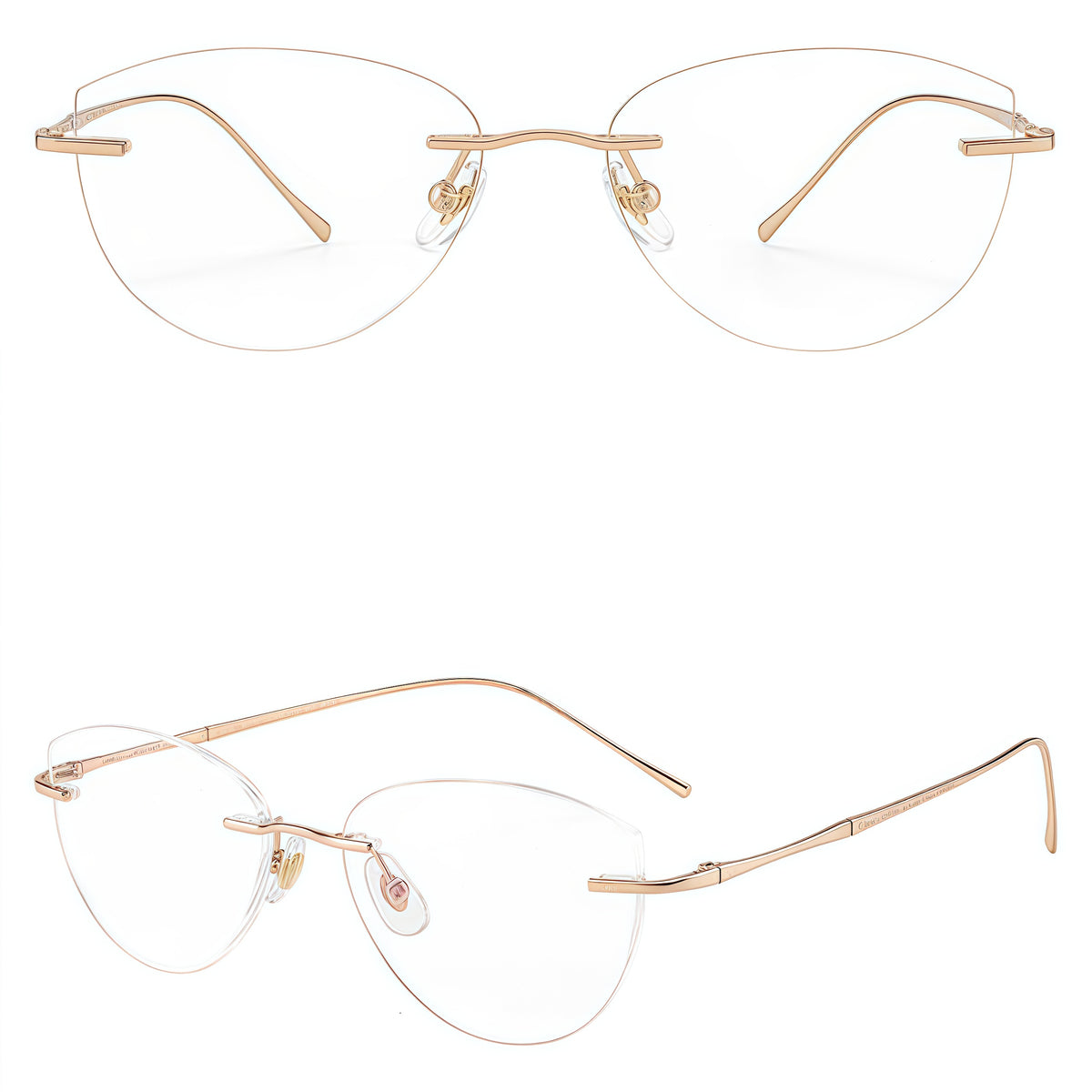Rose Gold women's pure titanium rimless geometric glasses in front and 45-degree product views