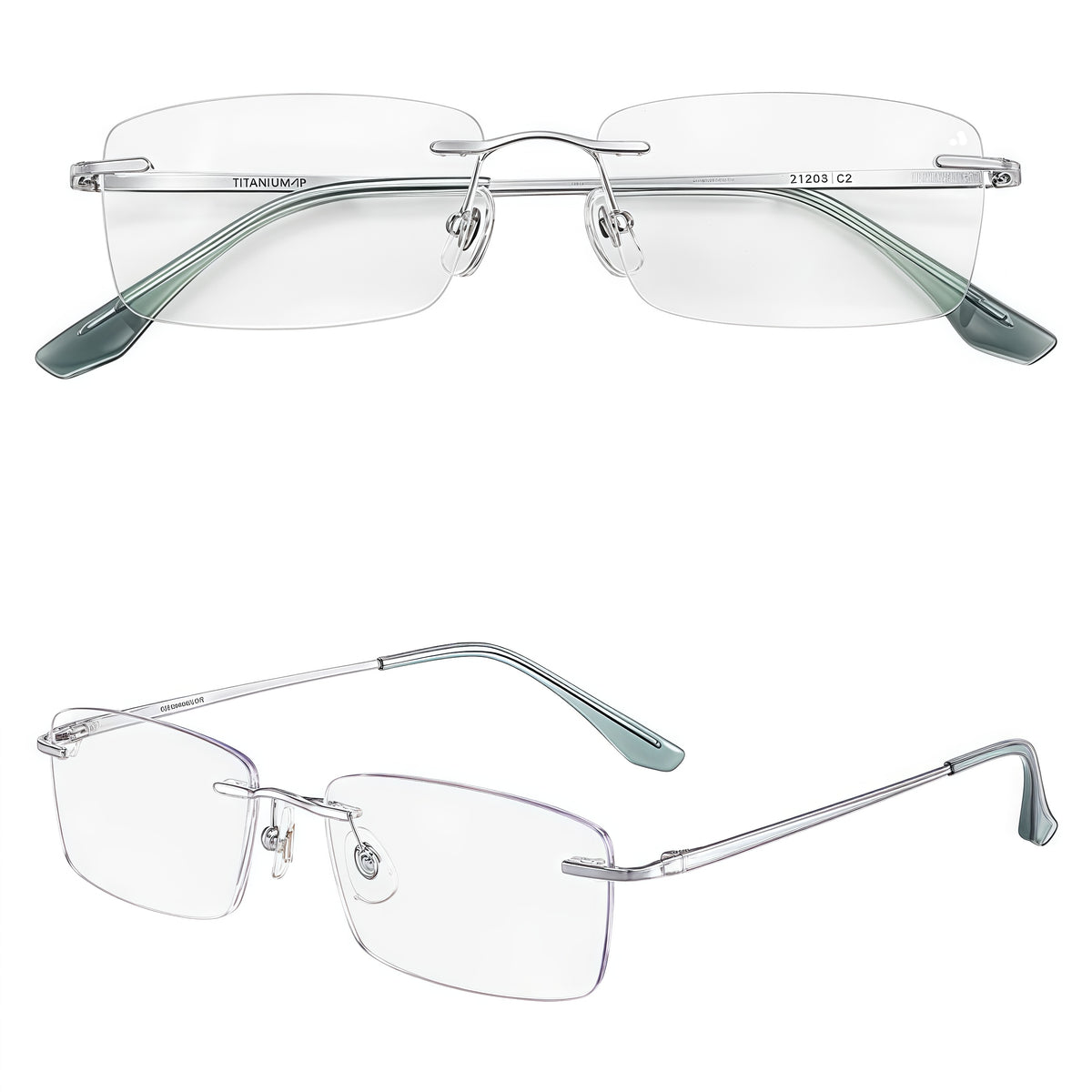 Silver unisex titanium rimless slim rectangular eyeglass frames, product view