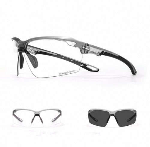 Crystal Grey Frame/Photochromic Black Lens front and 45-degree product views of Day & Night Outdoor Sports Sunglasses