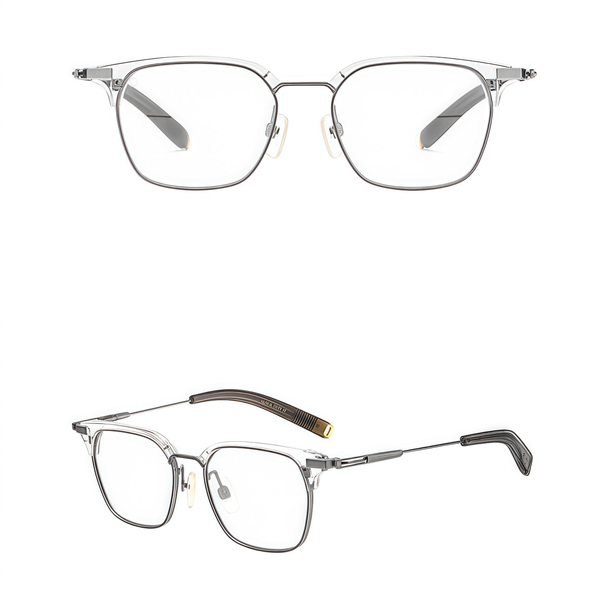 Crystal Clear unisex vintage titanium semi-rimless glasses, original front and 45-degree composite