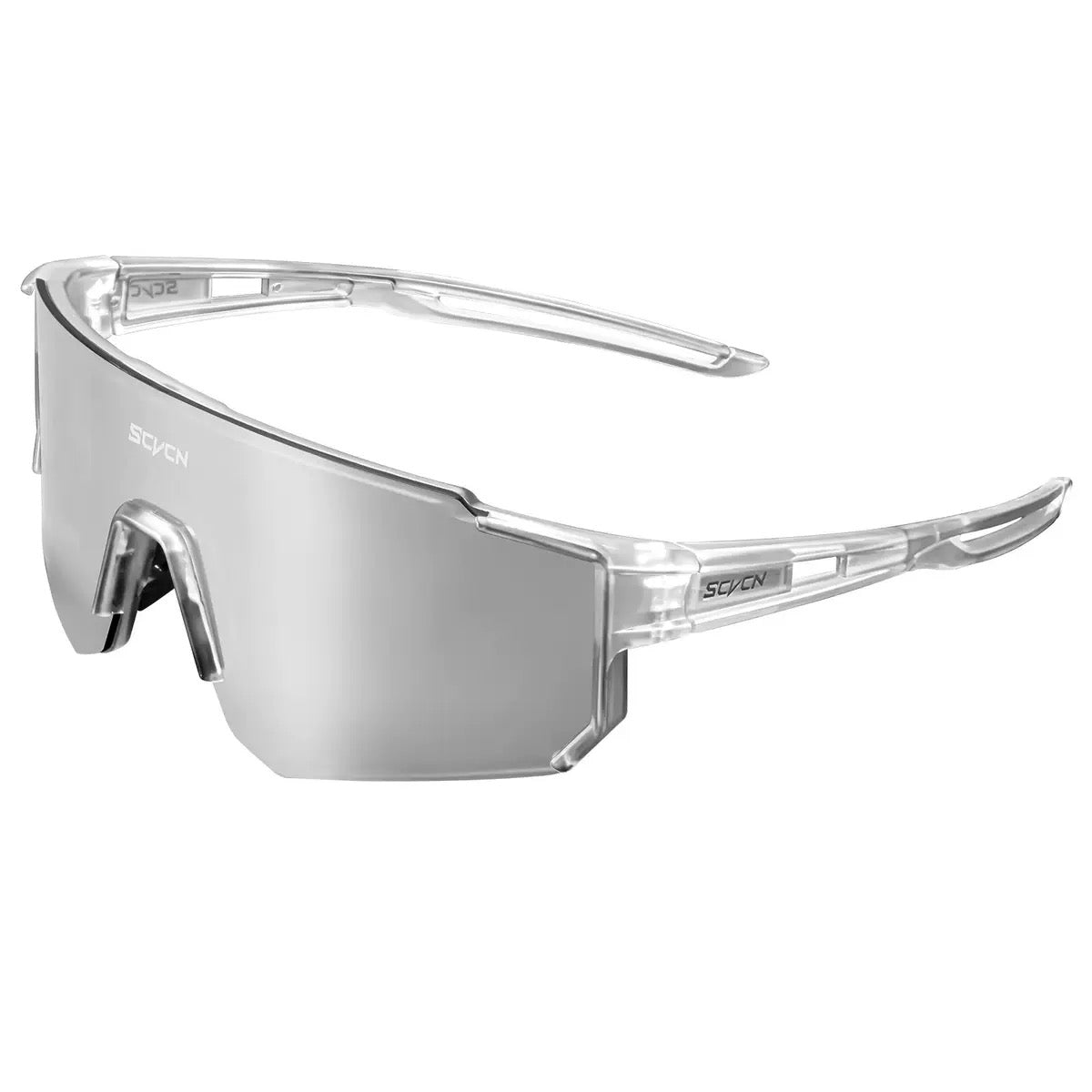 Crystal Clear Frame/Silver Lens unisex tr90 wraparound shield sunglasses, 45-degree view