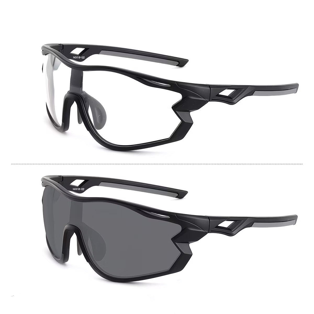 Black Frame/Photochromic Grey Lens 45-degree product view of Outdoor Adventure Windproof Sports Sunglasses
