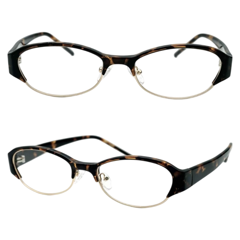 Tortoise unisex minimalist TR and alloy semi-rimless glasses, original front and 45-degree detail