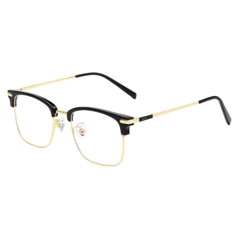 Black and Gold modern round-square browline profile semi-rimless eyeglass frame, three-quarter product view
