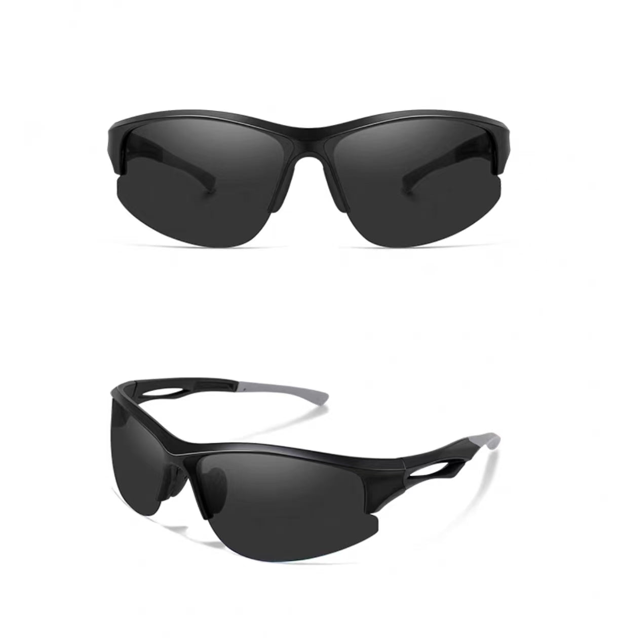Black wraparound goggles-inspired sports polycarbonate sunglasses, front and three-quarter views
