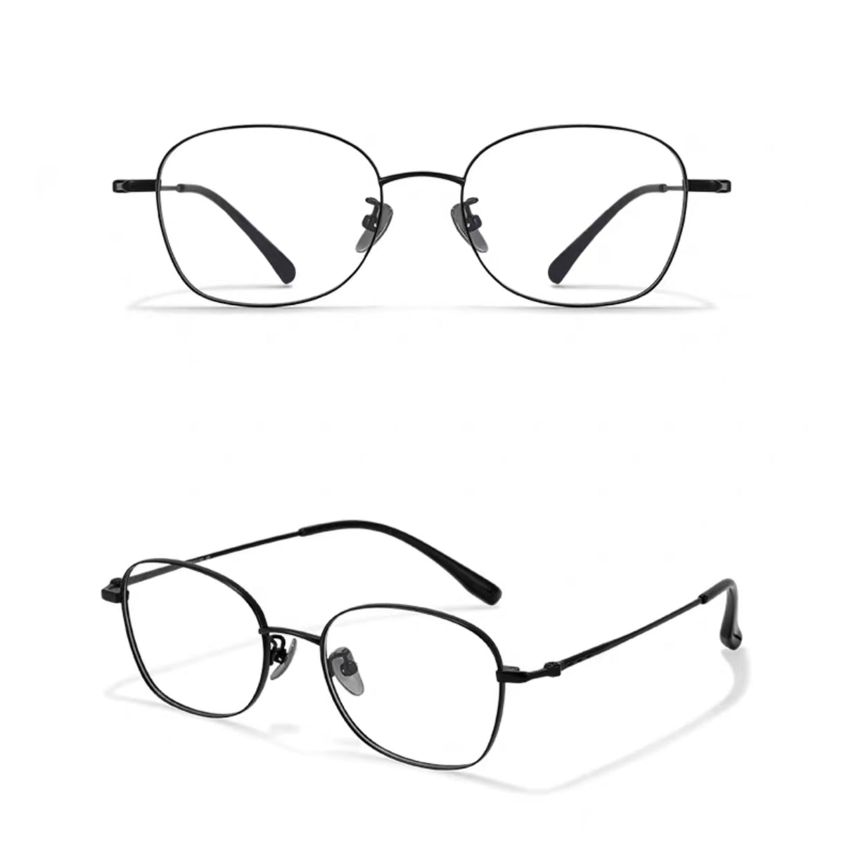 Black unisex pure titanium full-rim glasses, original front-and-45-degree composite detail