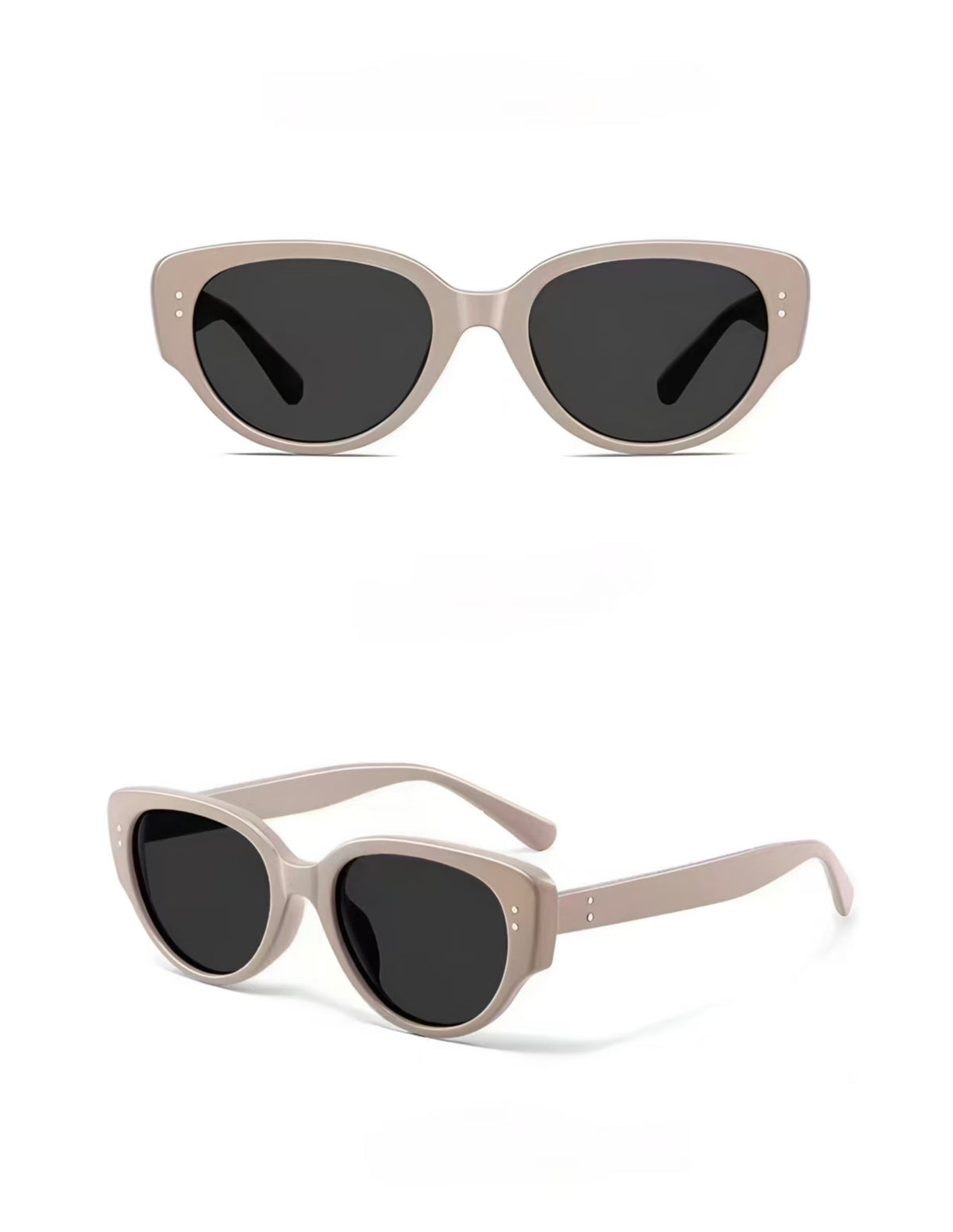 Unisex Latte full-rim narrow cat-eye sunglasses, front and three-quarter views