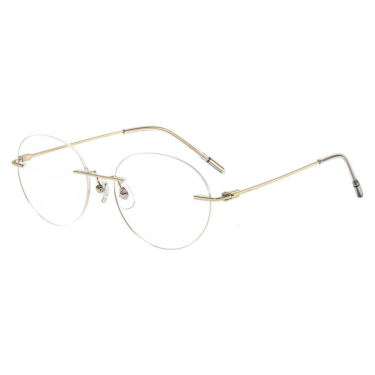 Gold rimless oval titanium eyeglass frames, supplier front and angle reference
