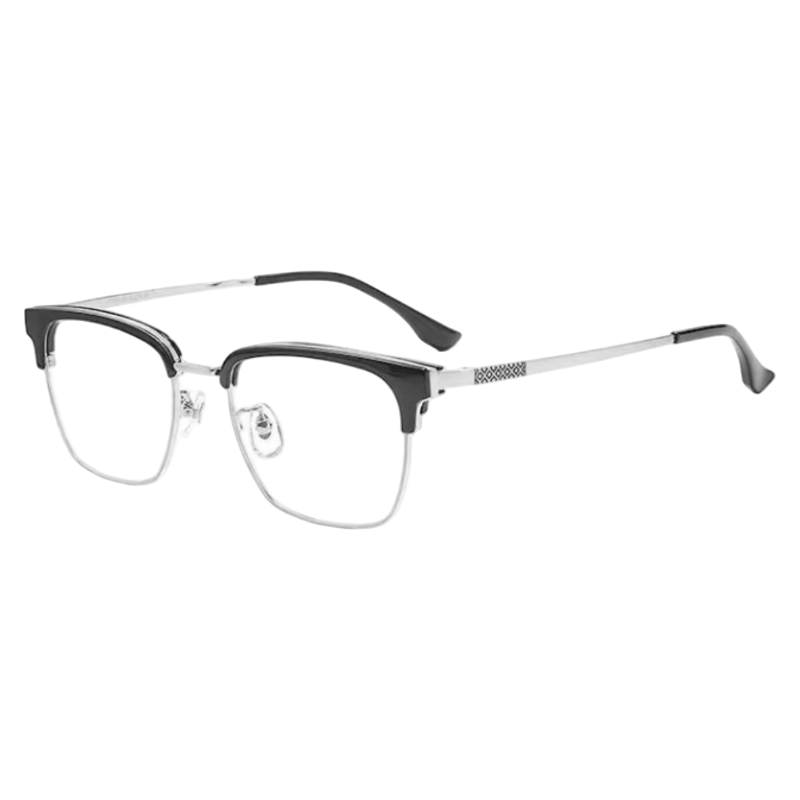 Black and Silver refined square browline profile semi-rimless eyeglass frame, three-quarter product view