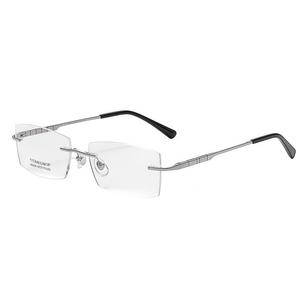 Silver men pure titanium narrow rectangular rimless eyeglasses, 45-degree view