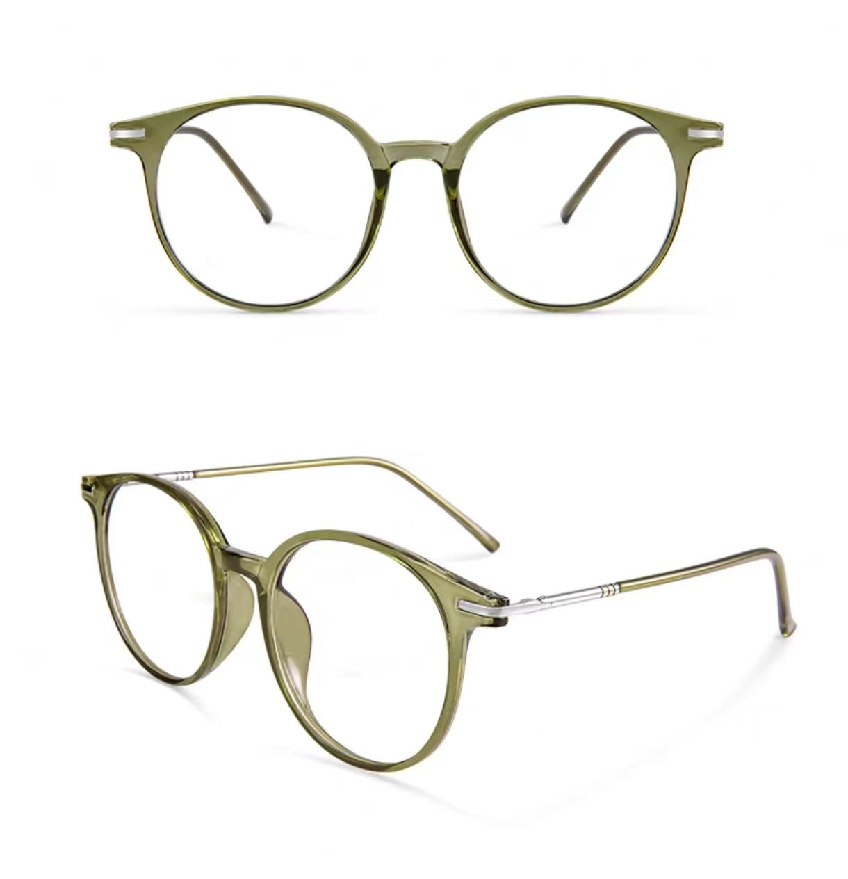 Crystal Green unisex TR90 round full-rim glasses, original front-and-45-degree composite detail