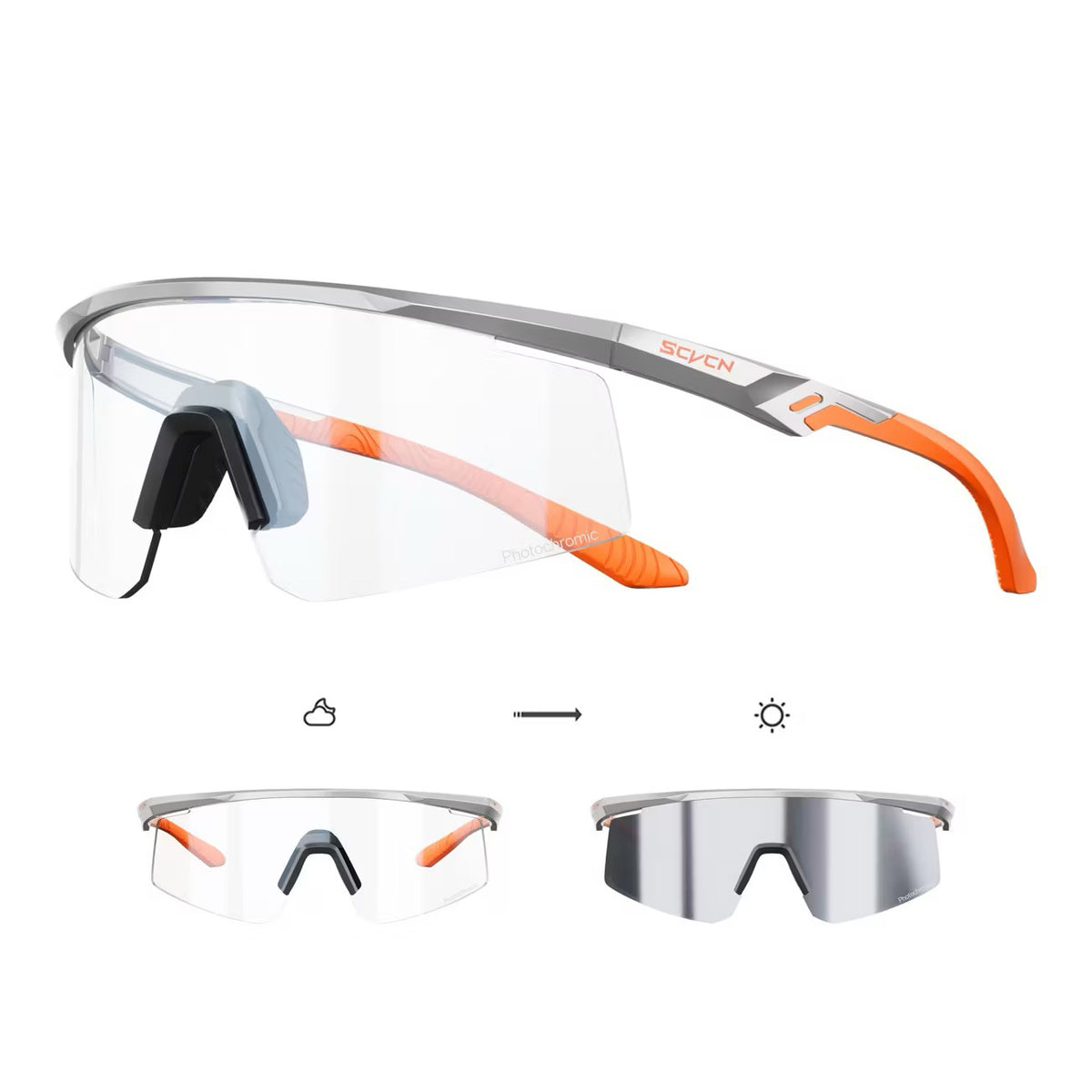 Silver Frame/Photochromic Silver Lens front and 45-degree product views of Windproof Outdoor Sports Glasses