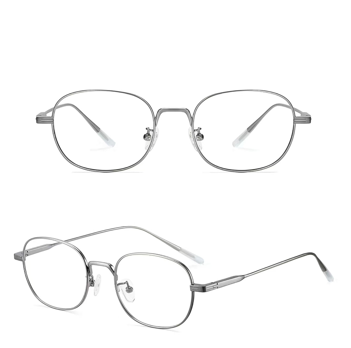 Silver unisex ultralight titanium-alloy small oval glasses, supplier front and 45-degree composite detail