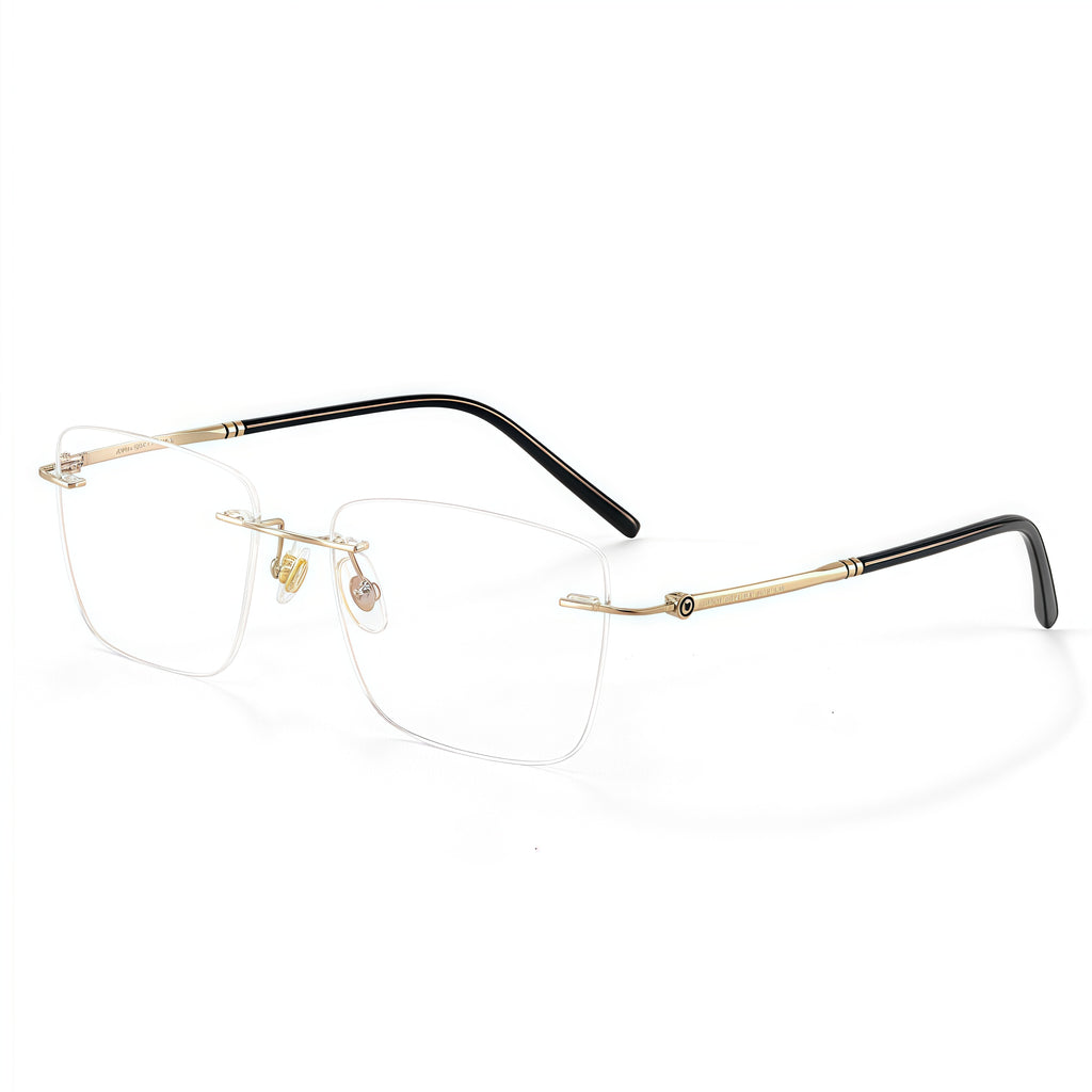 Gold men's titanium rimless rounded-rectangle eyeglass frames, product view