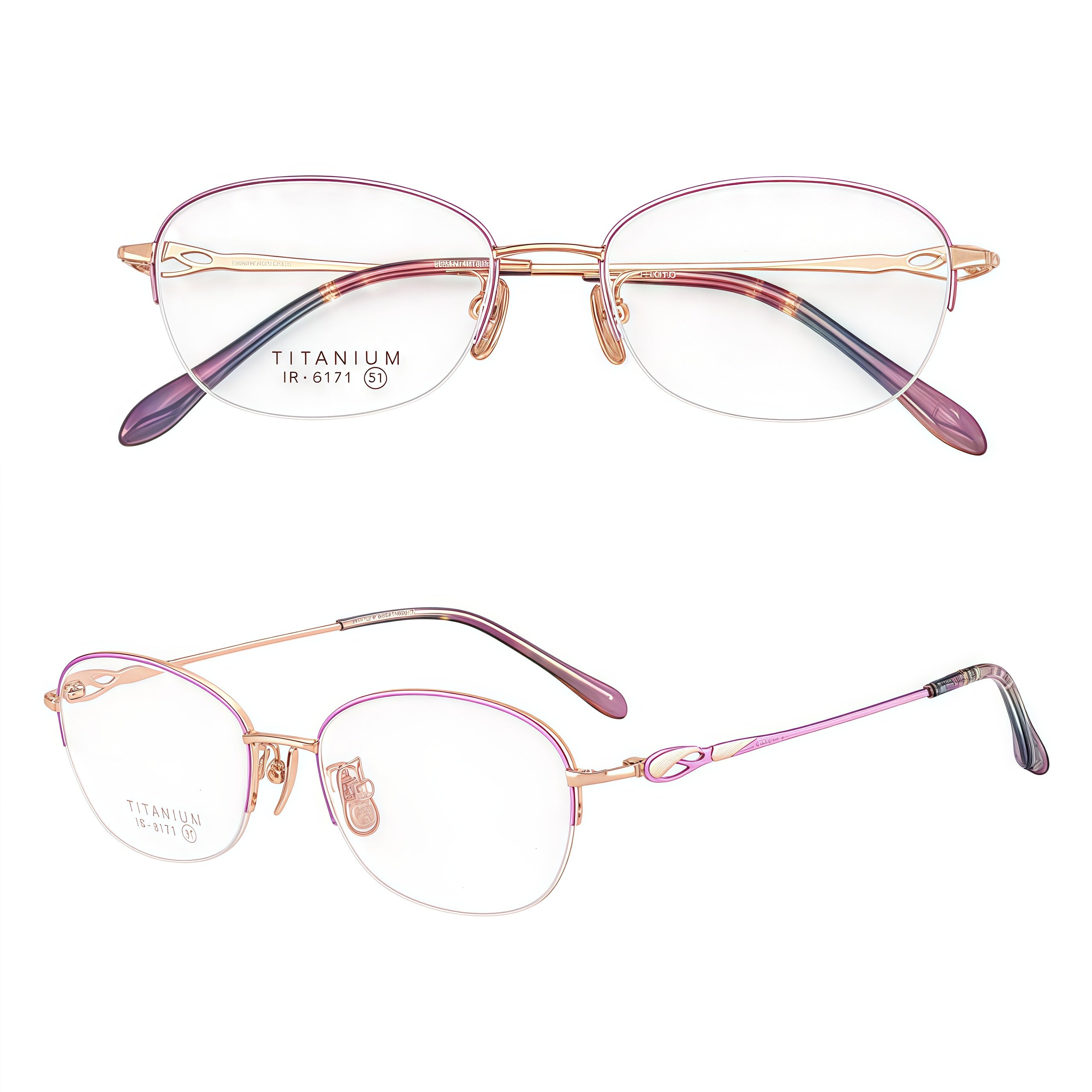 Purple and Rose Gold pure-titanium semi-rimless glasses, original front and 45-degree product views
