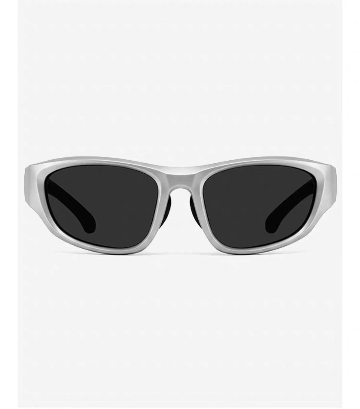 Silver full-rim wraparound polycarbonate sunglasses, front view