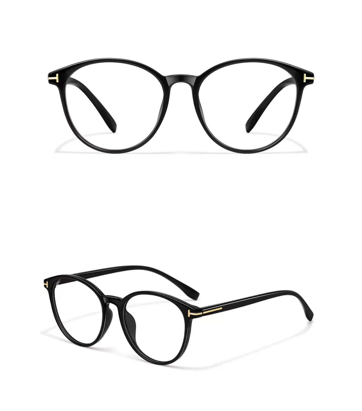 Glossy Black round full-rim eyeglass frame, product view