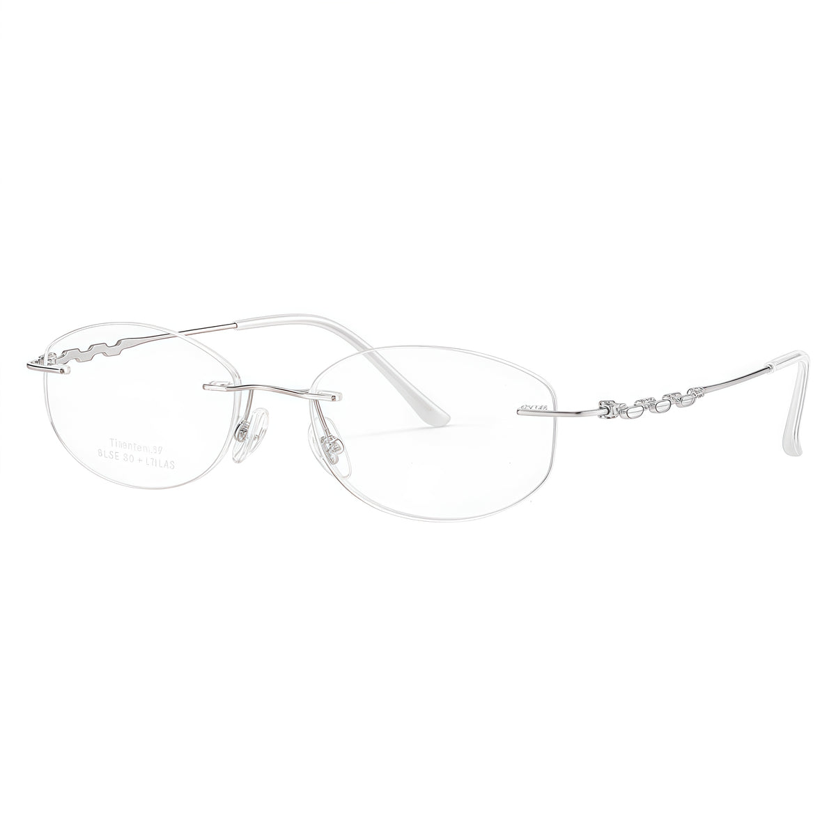 Silver women's pure titanium rimless soft rectangular glasses, supplier front and three-quarter views