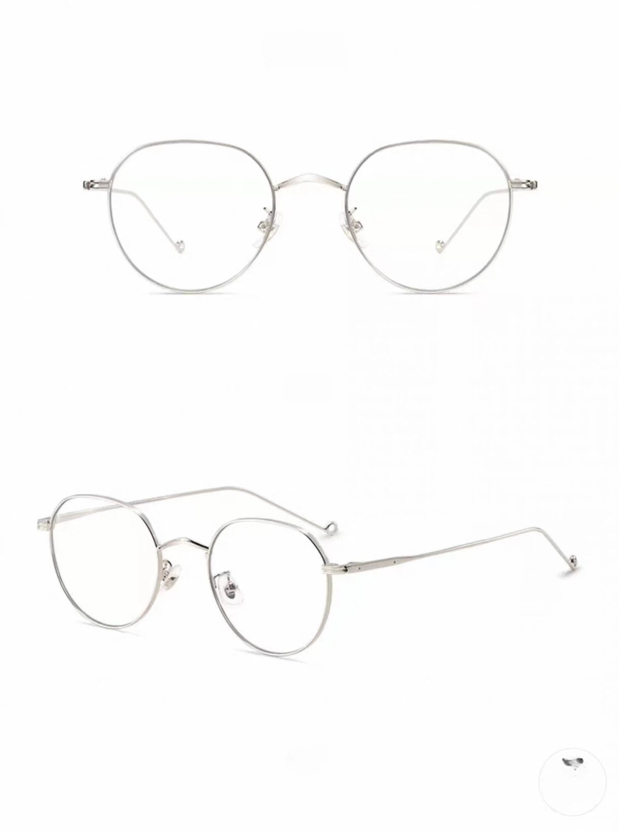 Silver small-fit wire full-rim glasses, original front and 45-degree views