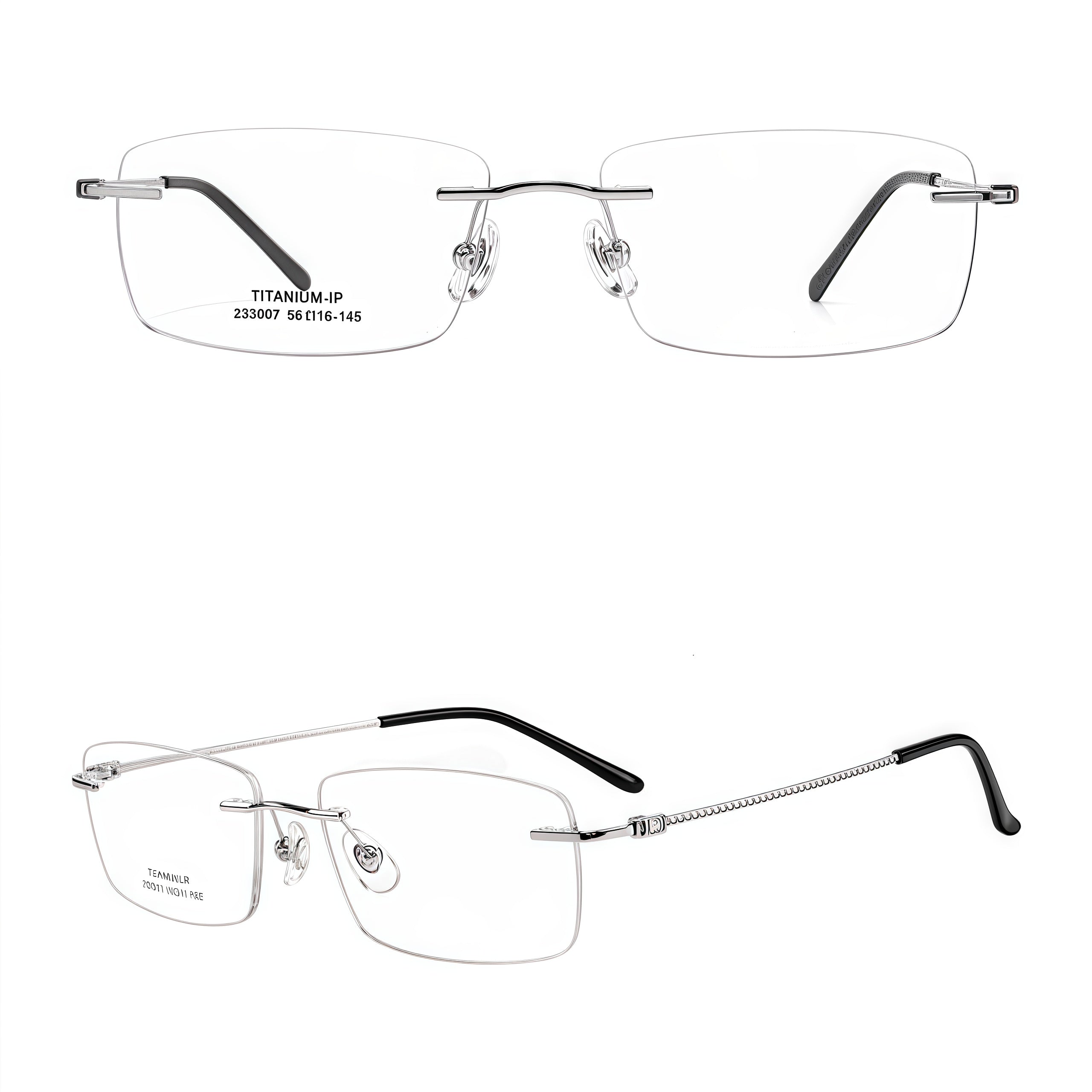 Silver semi-titanium rimless glasses, front and 45-degree composite detail