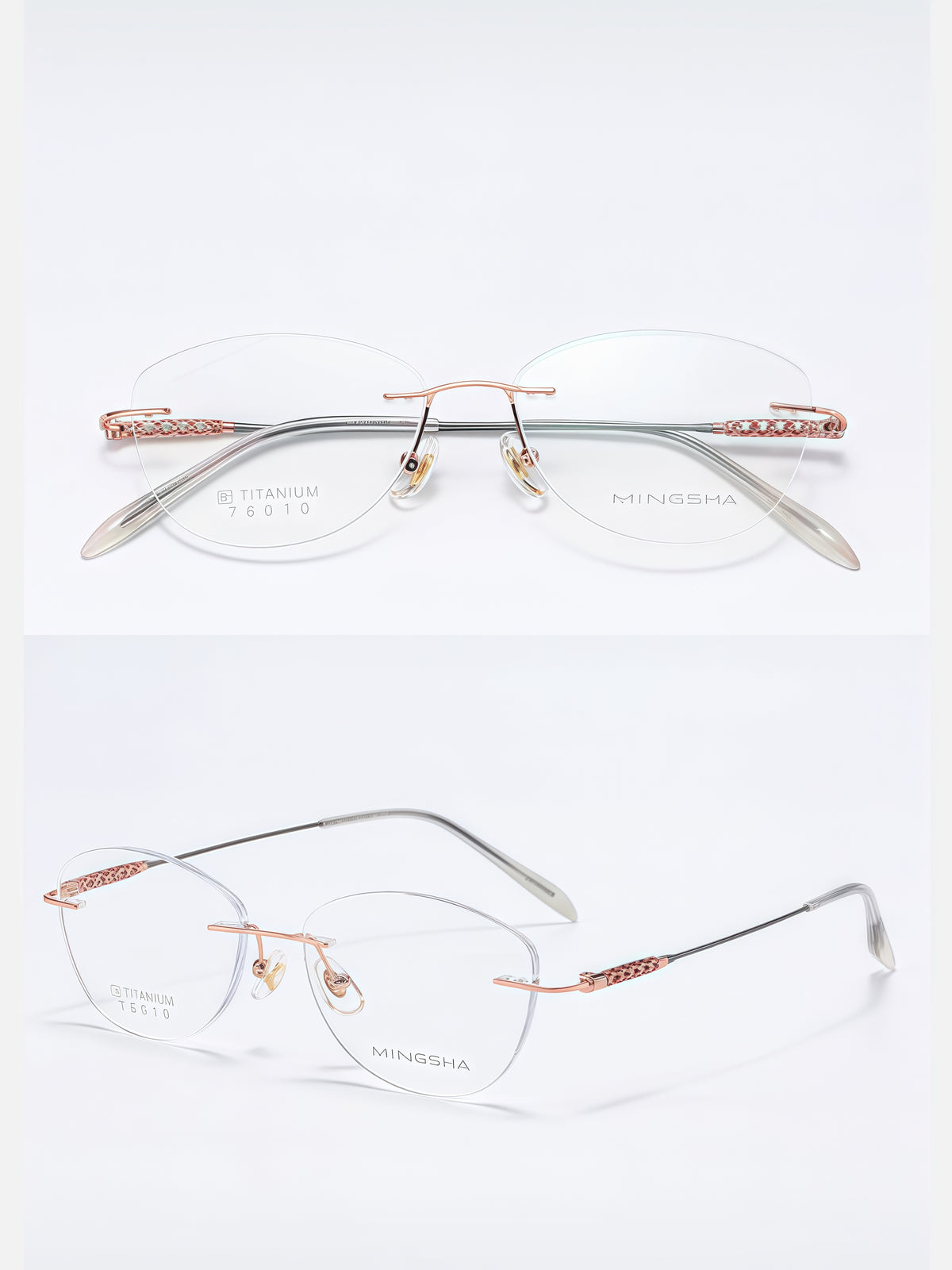 Rose Gold unisex titanium alloy rimless soft geometric glasses, supplier front and three-quarter views