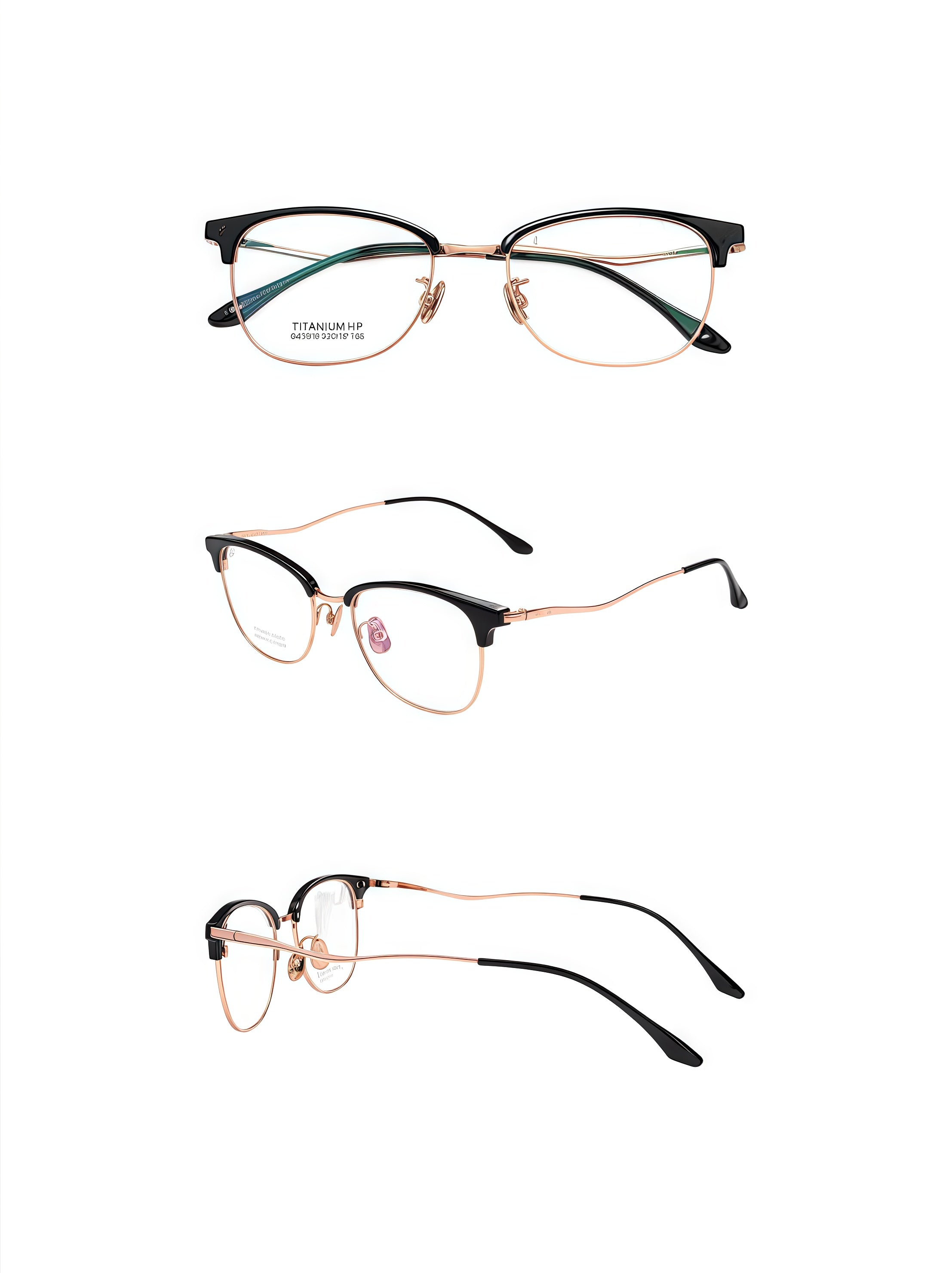 Black/Gold unisex vintage TR-and-titanium semi-rimless glasses, original front, 45-degree and side detail