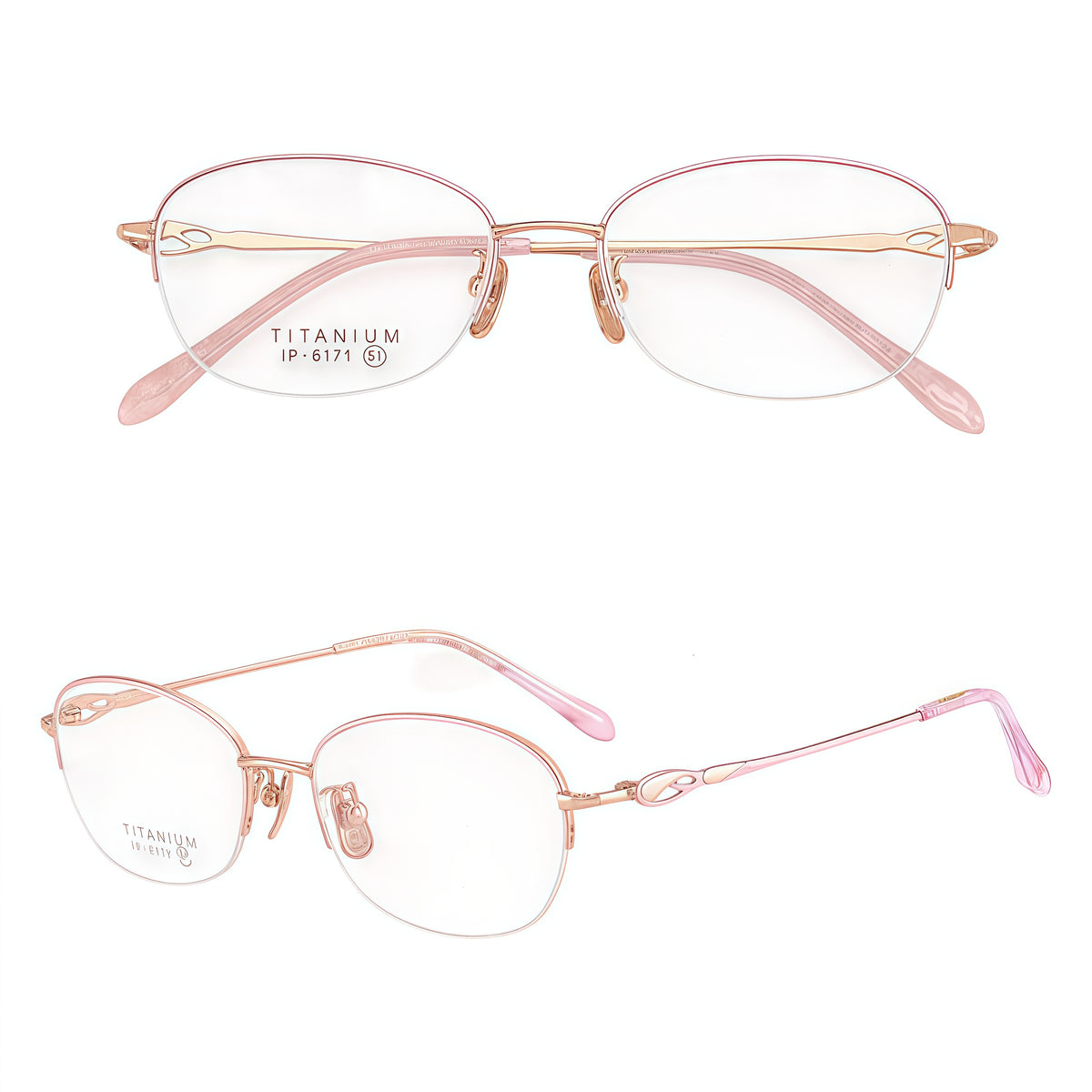 Pink and Rose Gold pure-titanium semi-rimless glasses, original front and 45-degree product views