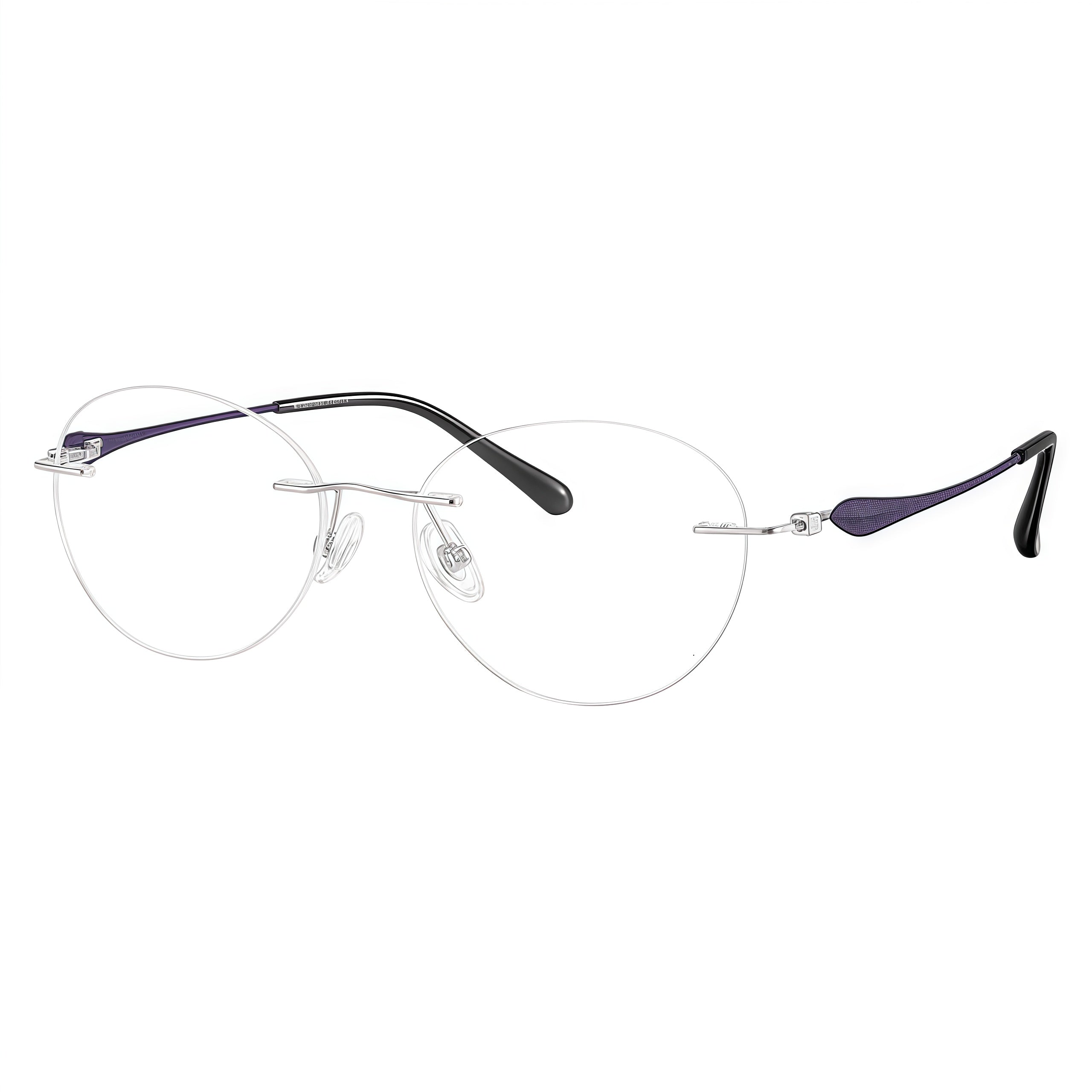 Matte Purple/Silver rimless soft oval pure titanium eyeglass frames, supplier front and angle reference