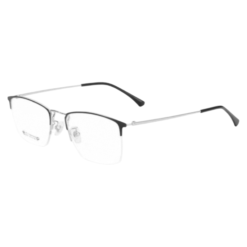 Black and Silver casual rectangular browline profile semi-rimless eyeglass frame, three-quarter product view