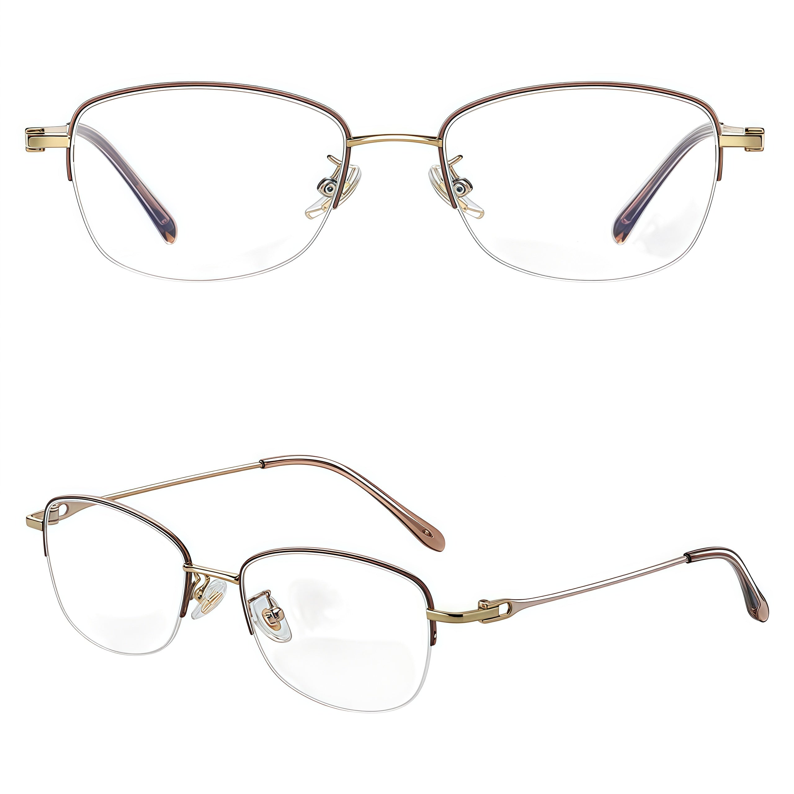 Milk Coffee/Gold women's titanium semi-rimless glasses, front and 45-degree composite detail