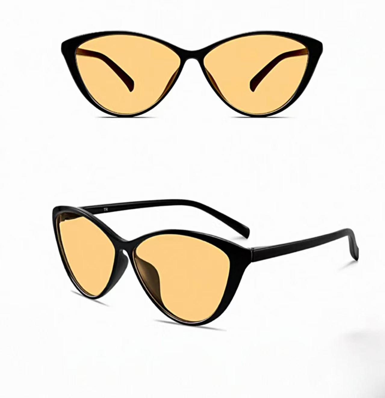 Women’s Black Orange full-rim cat-eye sunglasses, front and three-quarter views
