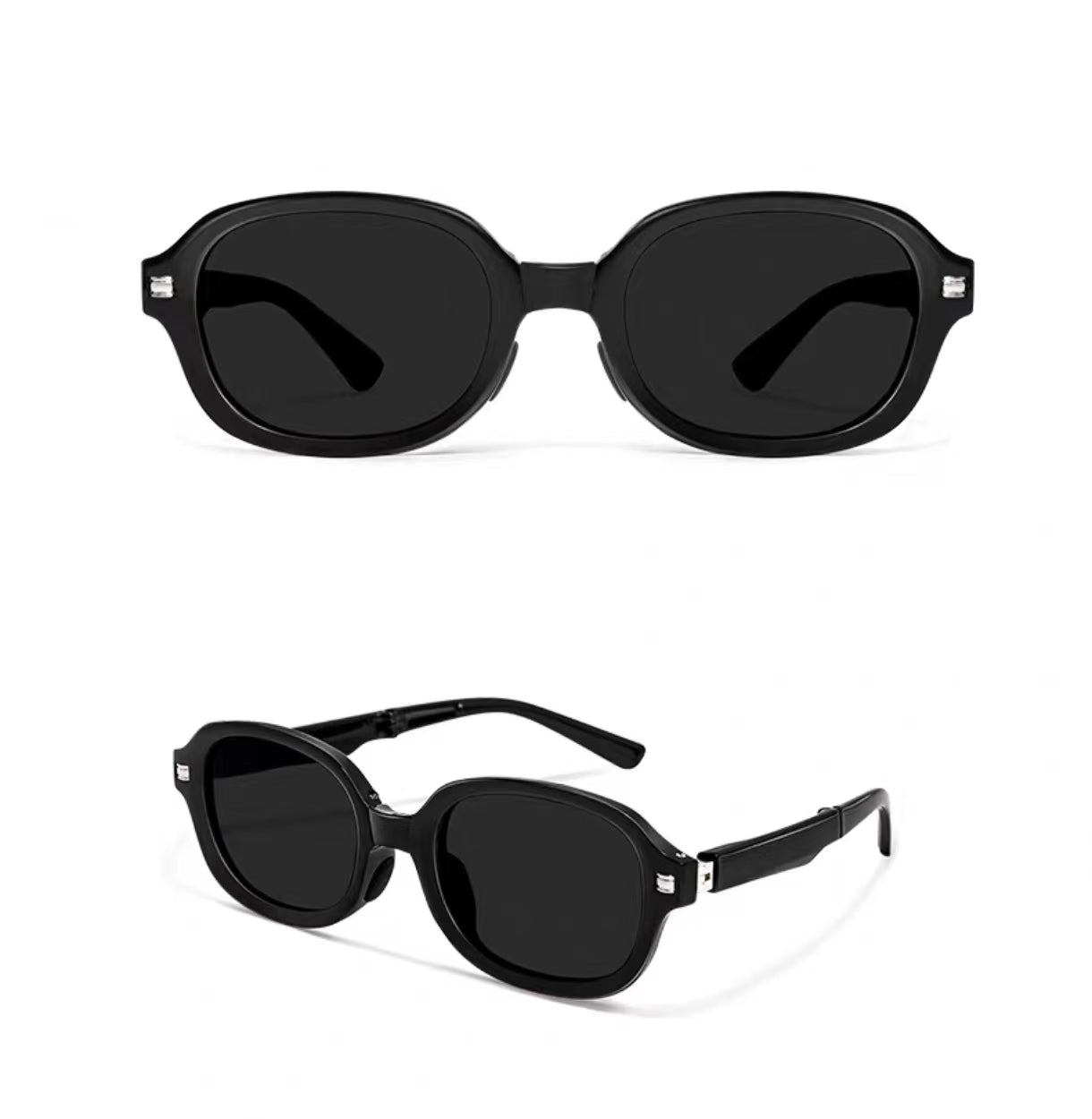 Black full-rim soft-square polycarbonate sunglasses, front and three-quarter views