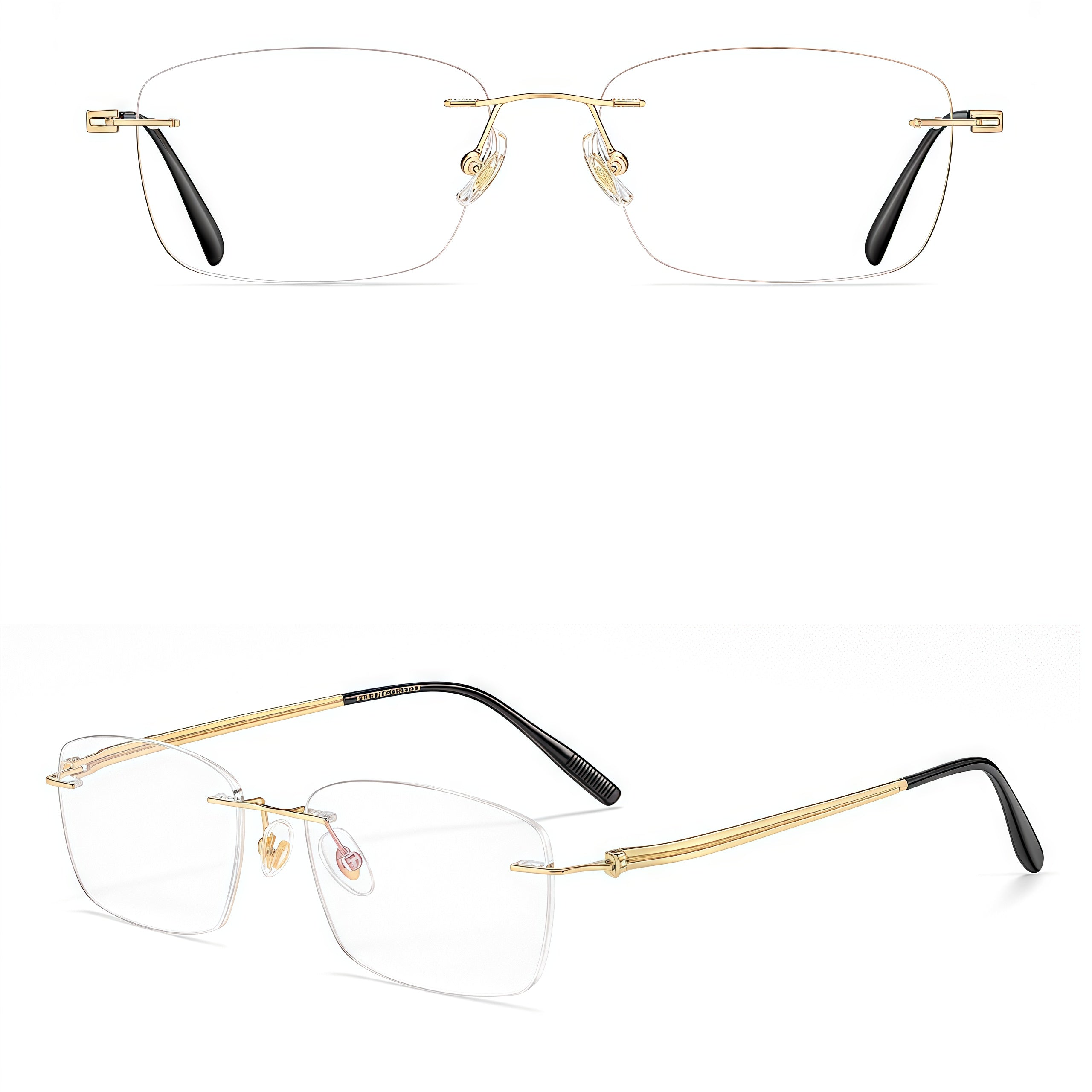 Gold men's pure titanium rimless slim rectangular eyeglass frames, product view