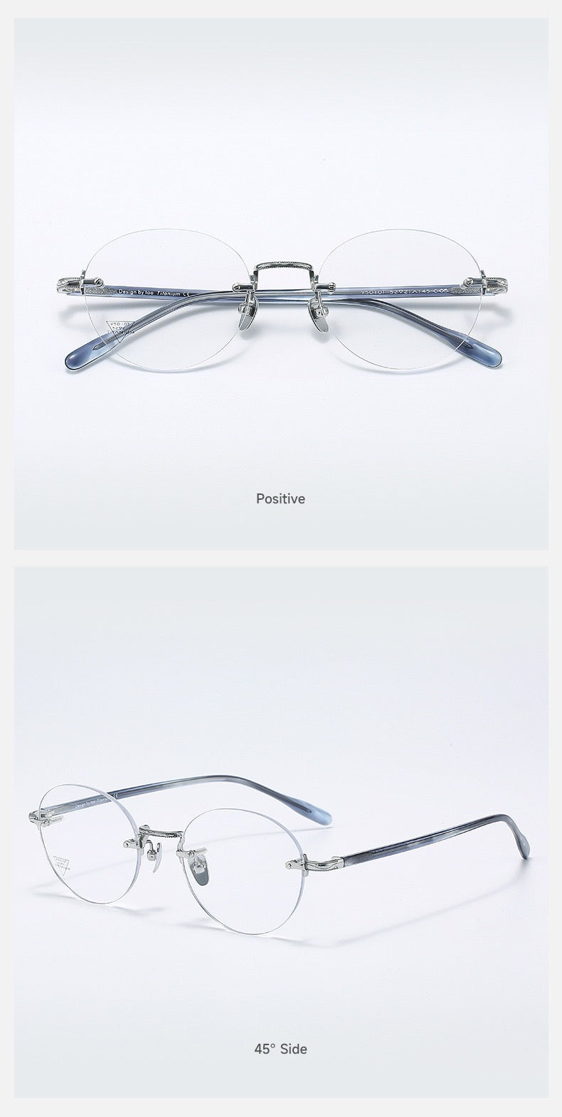 Silver/Crystal Blue Grey women's titanium and acetate rounded geometric rimless eyeglass frames, product views
