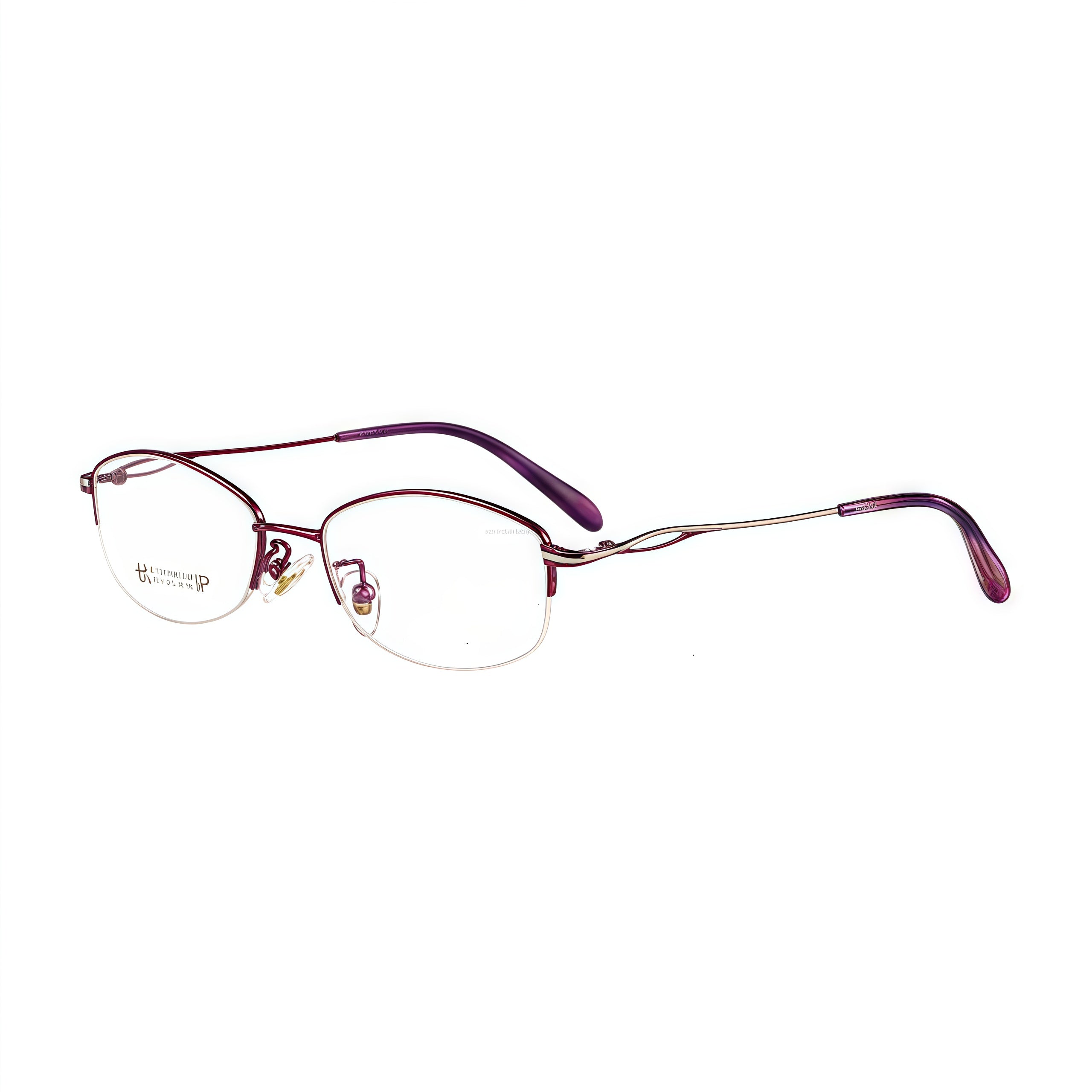 Purple women's elegant metal alloy semi-rimless glasses, original 45-degree product view