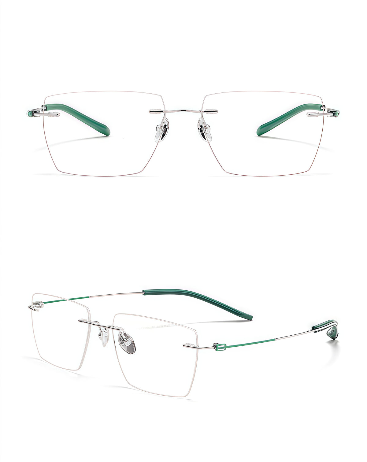 Green/Silver unisex titanium alloy rimless large geometric rectangular glasses, supplier front and three-quarter views